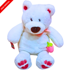 Cute White Teddy Bear with Pink Paws and Strawberry Accent – Soft Plush Toy for Kids