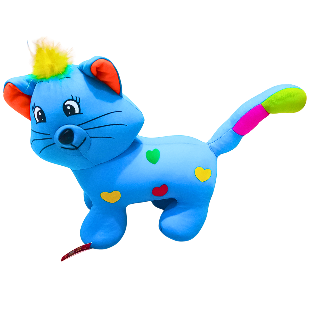 Bright Blue Cat Plush Toy with Colorful Hearts – Soft and Fun Stuffed Animal for Kids