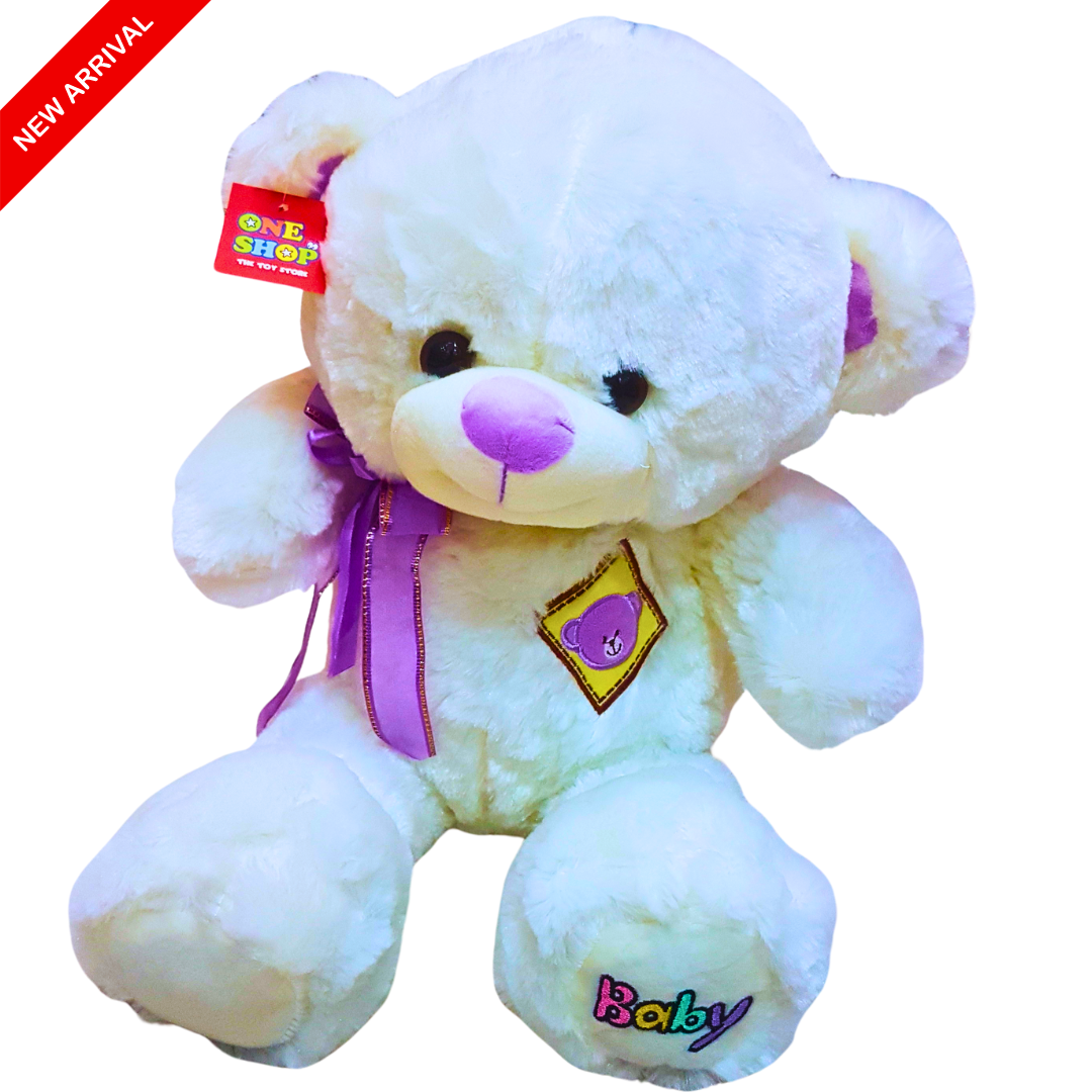 Soft White Teddy Bear with Purple Accents and Ribbon – Perfect Plush Toy for Babies and Toddlers