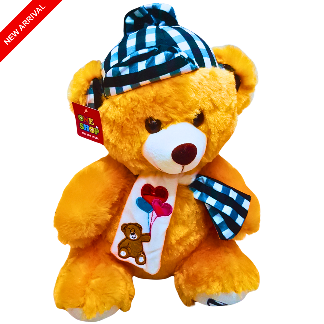 Golden Teddy Bear with Checkered Hat and Scarf – Soft Plush Toy with Embroidered Bear and Balloon Design