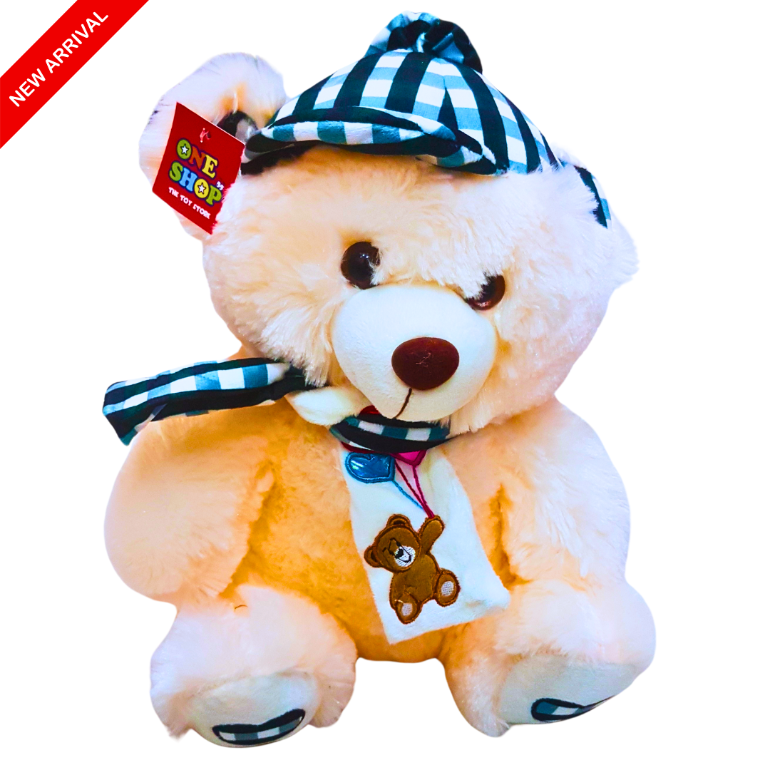 Light Beige Teddy Bear with Checkered Hat and Scarf – Soft Plush Toy with Embroidered Bear and Balloon Design