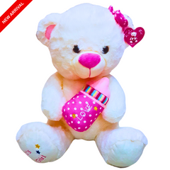 White Teddy Bear with Pink Bow and Baby Bottle – Soft Plush Toy for Baby Girls