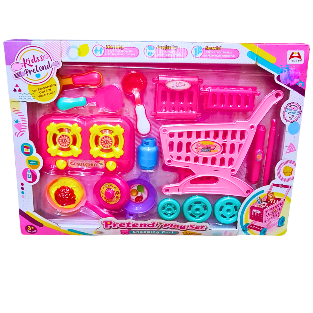 Kids Pretend Play Shopping Cart Set with Kitchen Accessories - Complete Cooking and Shopping Playset