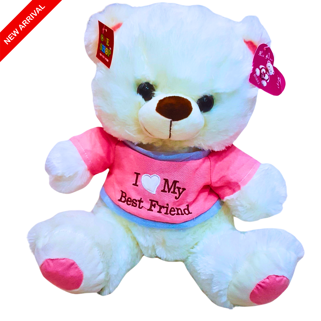 White Teddy Bear with "I Love My Best Friend" Pink Shirt – Soft Plush Toy for Kids