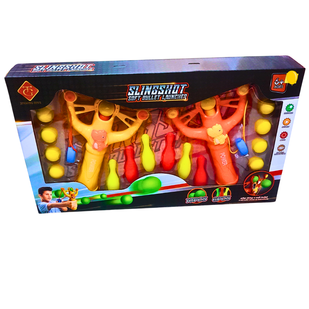 Slingshot Soft Bullet Launcher Set for Kids – Fun Shooting Game with Bowling Pins & Soft Balls