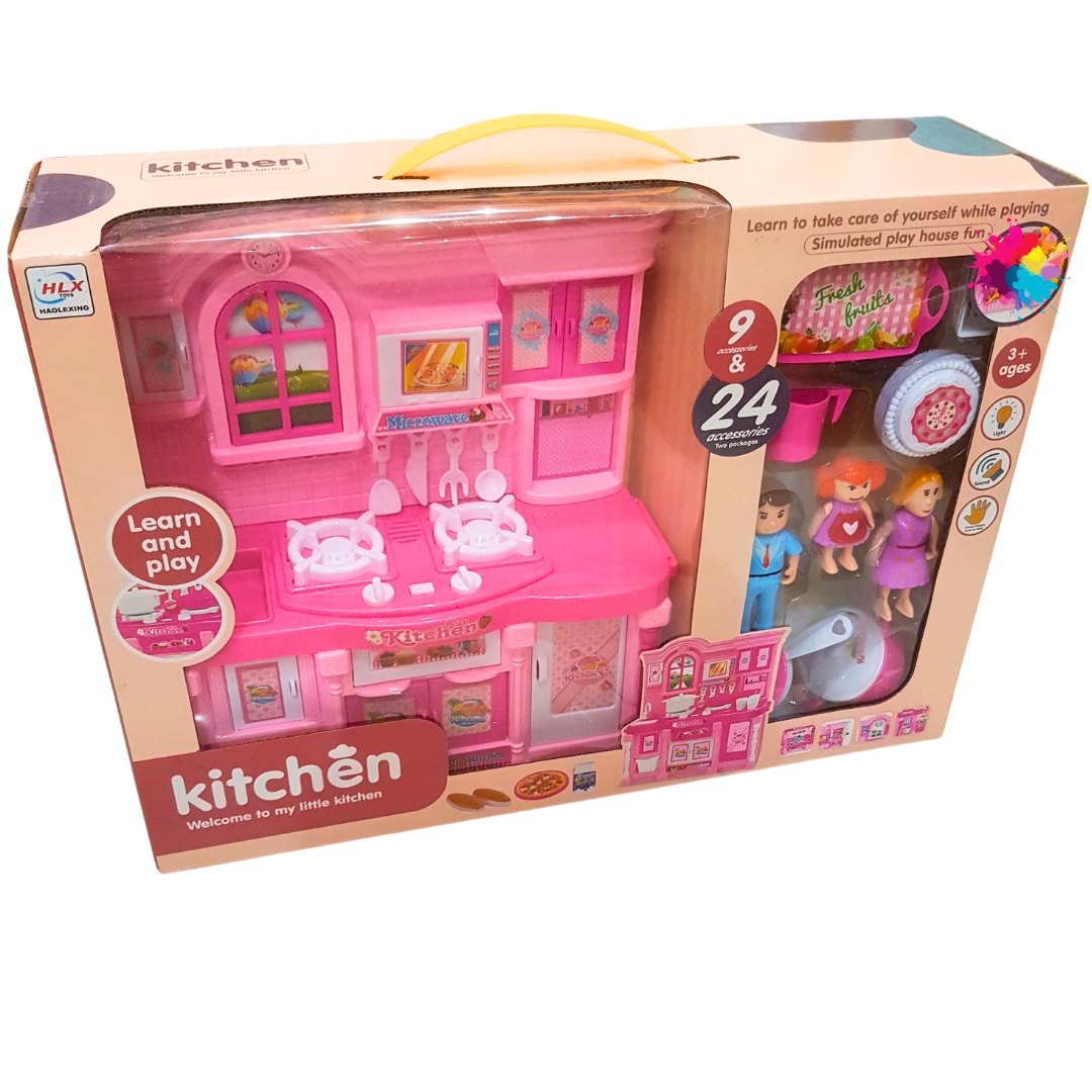 My Little Kitchen Playhouse - Deluxe Pink Kitchen Set with 24 Accessories and Dolls for Kids Ages 3+