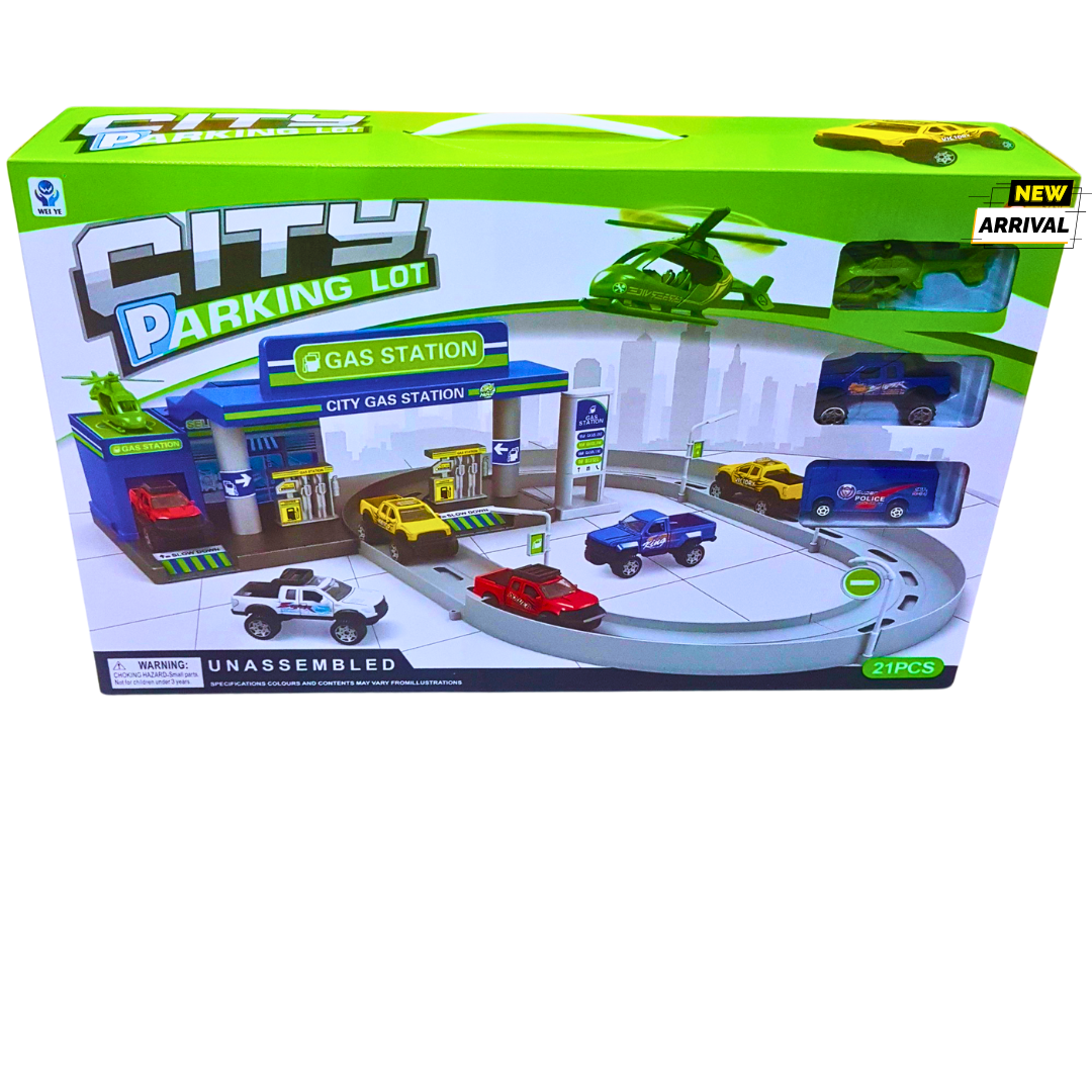 City Parking Lot Playset – Gas Station & Multi-Level Car Track (21 PCS)