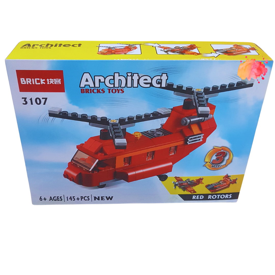 Architect Bricks Toys - Red Rotors Helicopter Building Set | 3107 | 145+ Pieces | For Ages 6+