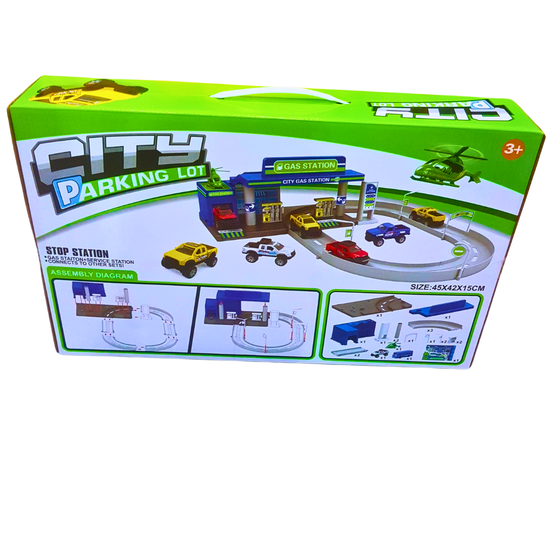 City Parking Lot Playset – Gas Station & Multi-Level Car Track (21 PCS)