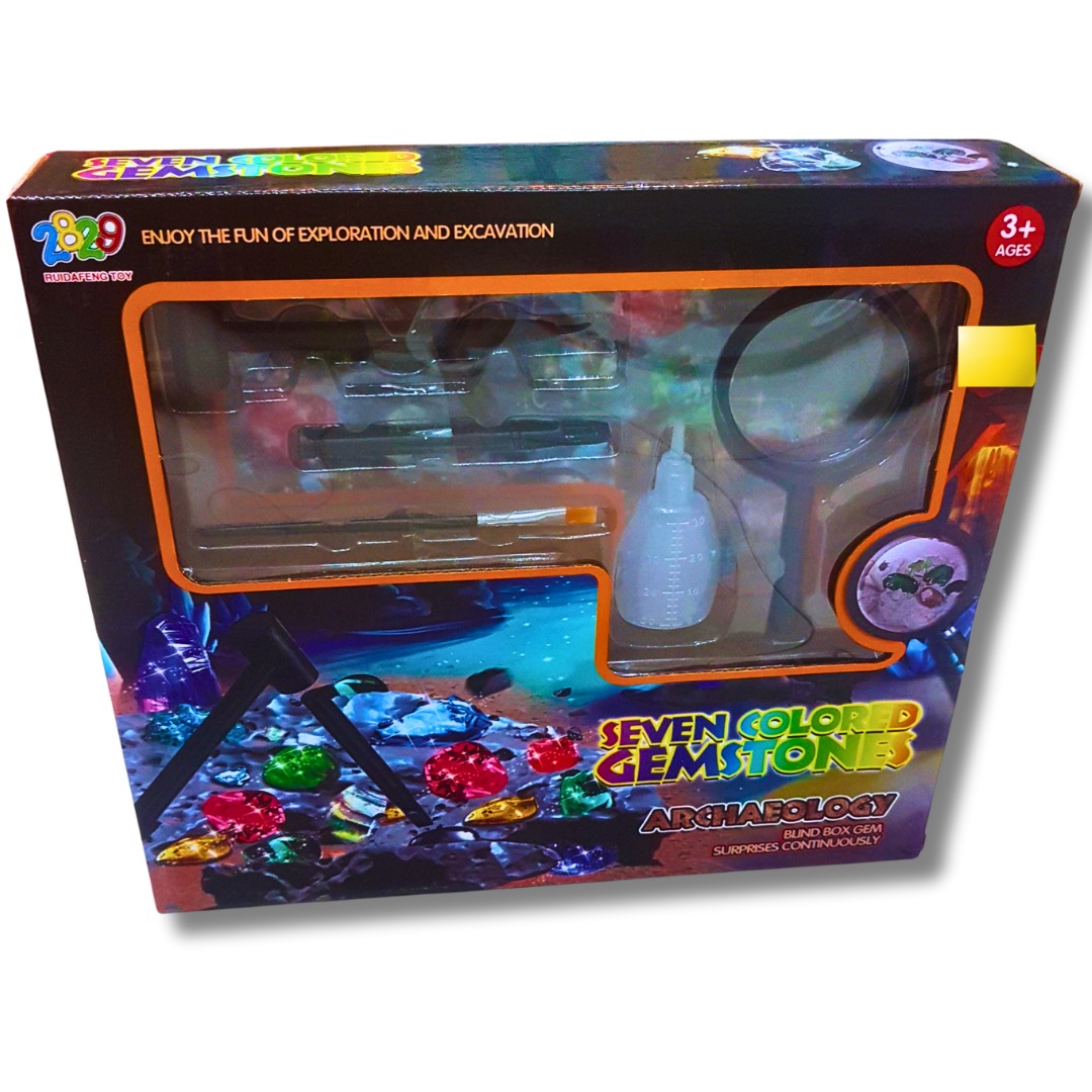 Seven Colored Gemstones Archaeology Kit - Fun Excavation Set for Kids Aged 3+