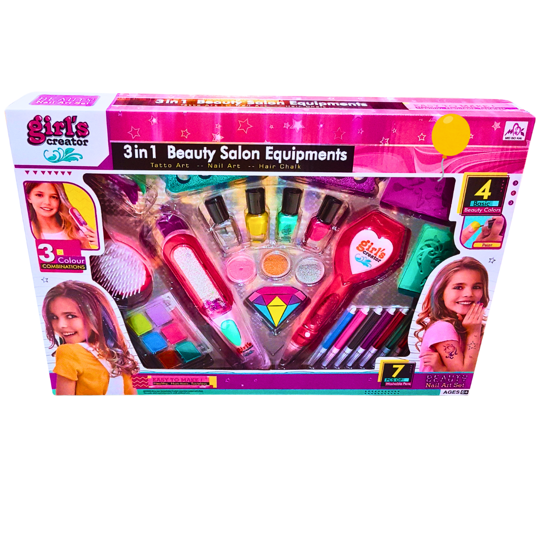 3-in-1 Beauty Salon Equipment Set for Kids – Nail Art, Hair Chalk, and Tattoo Art Kit with Accessories