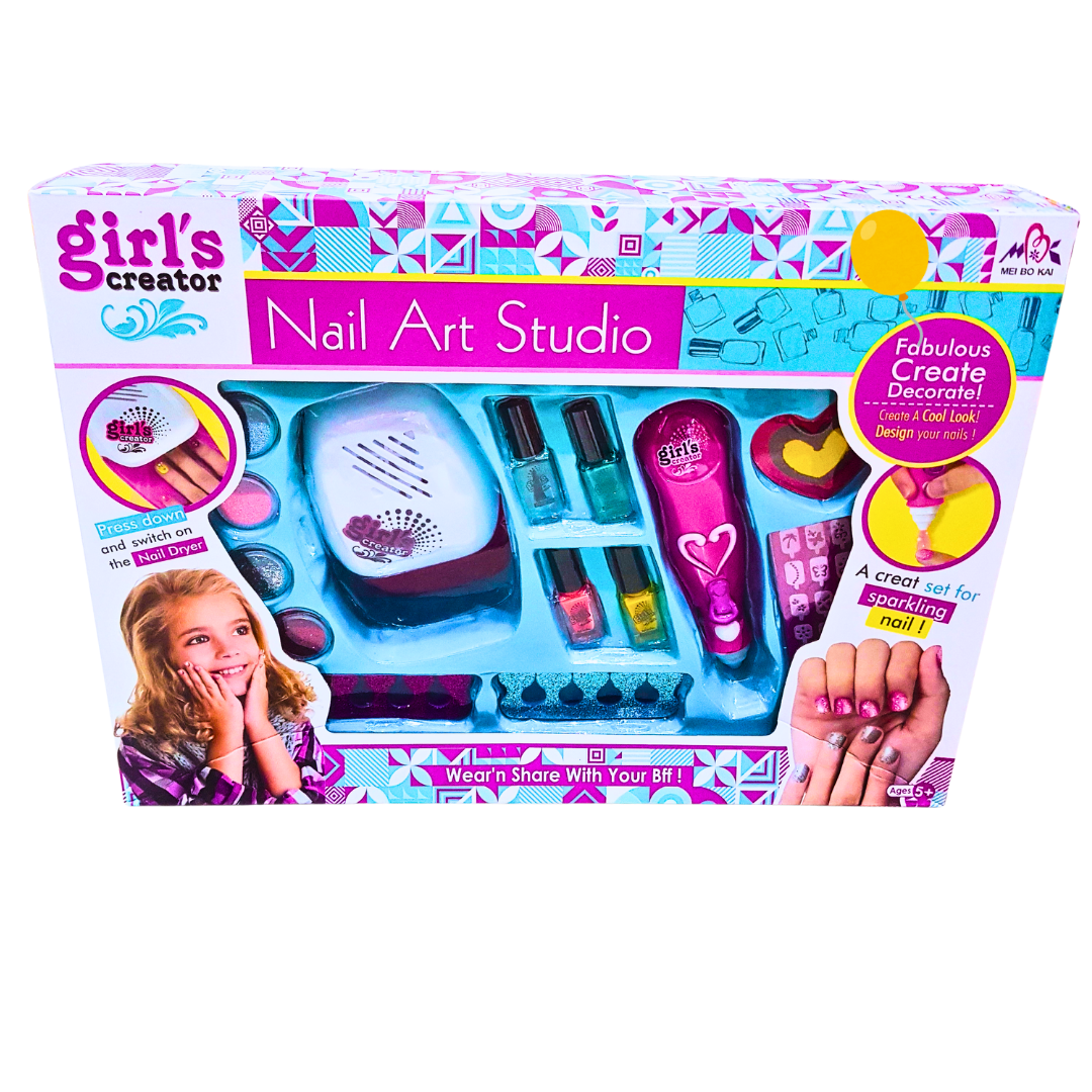 Nail Art Studio Playset for Kids – Complete Nail Design Kit with Polish, Art Pens, and Dryer