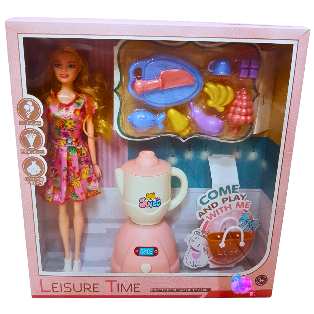 Leisure Time Doll Playset – Stylish Doll with Fruit Juice Maker and Fun Accessories – Perfect Gift for Girls 3+