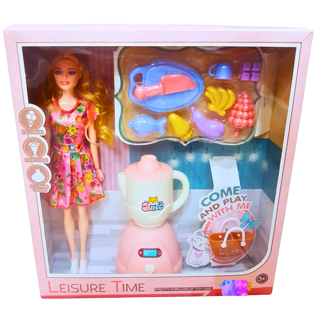 Leisure Time Doll Playset – Stylish Doll with Fruit Juice Maker and Fun Accessories – Perfect Gift for Girls 3+