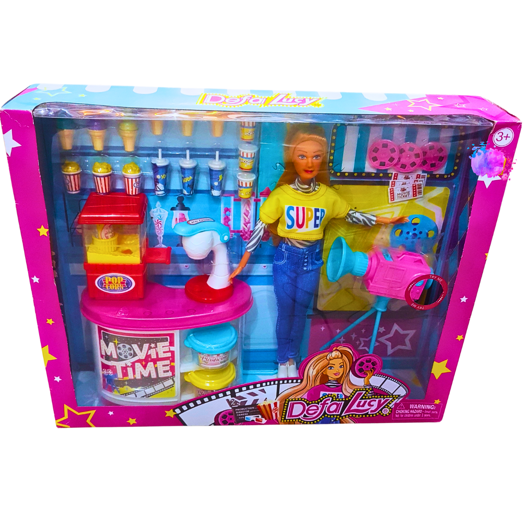 Defa Lucy Movie Time Playset – Fun Cinema Doll with Popcorn Machine and Accessories – Perfect Gift for Girls 3+