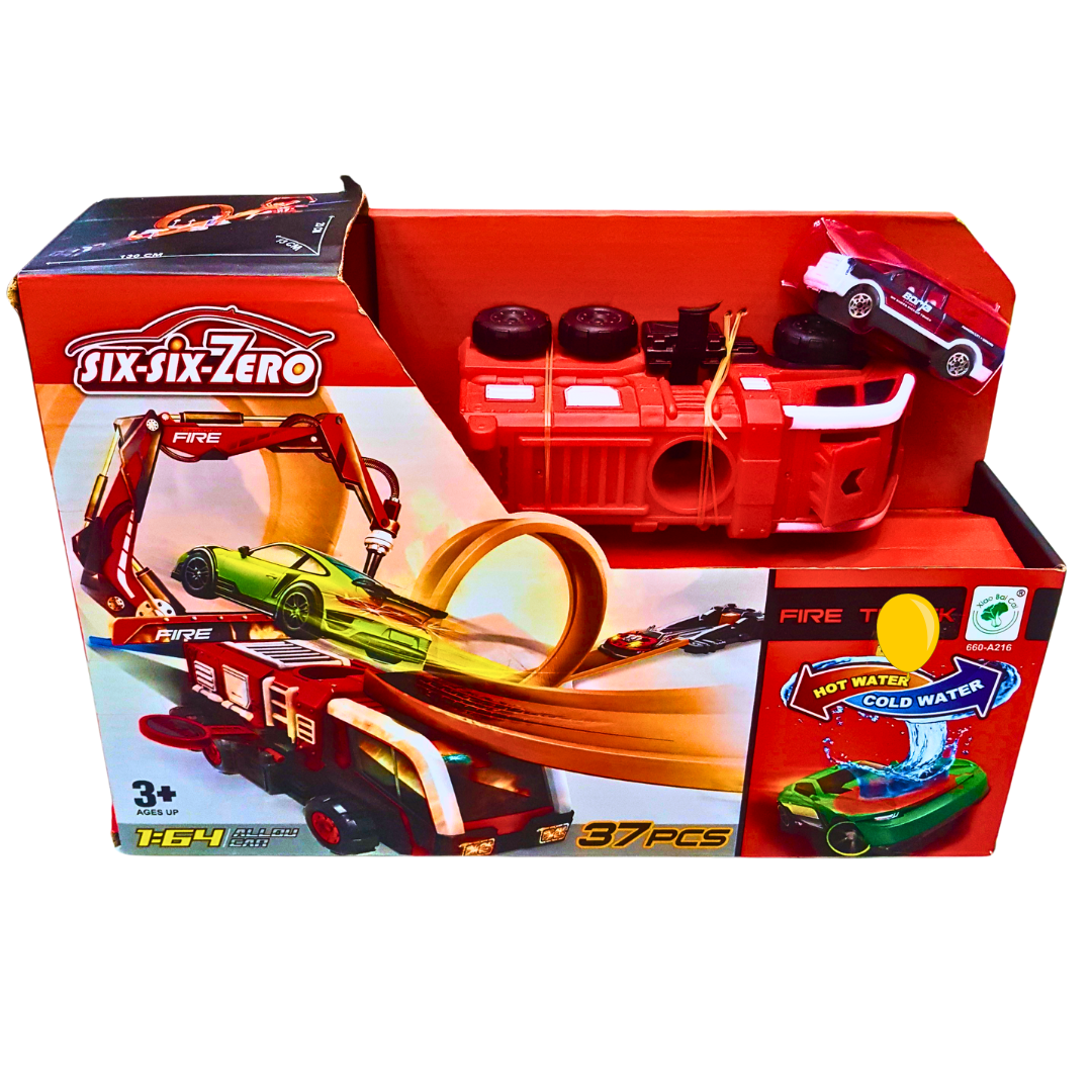 Six-Six-Zero Fire Rescue Loop Track Set - 37-Piece Car Playset with 360° Loop and Firetruck Launcher for Kids