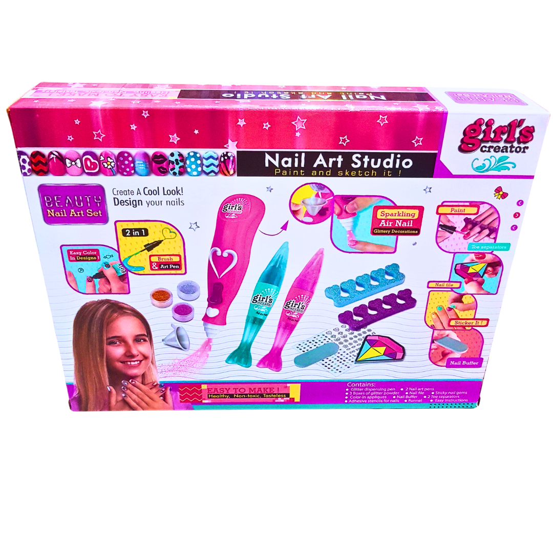 Nail Art Studio Set for Kids – 2-in-1 Nail Art Pens, Polish, Glitter & Stickers with Nail Dryer