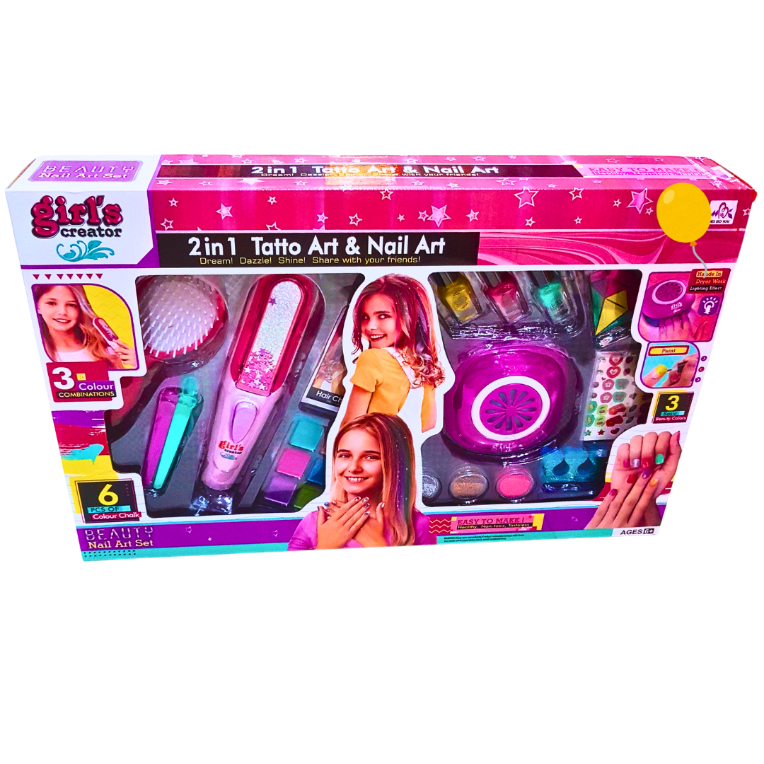 2-in-1 Tattoo Art &amp; Nail Art Set for Kids – Nail Polish, Tattoo Pens, Hair Chalk, and Glitter with Nail Dryer