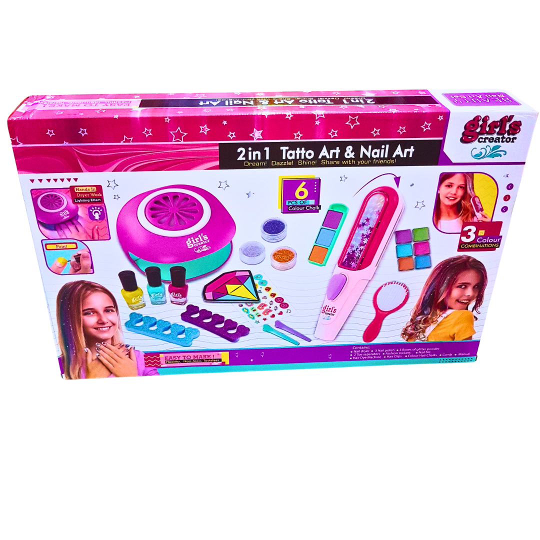 2-in-1 Tattoo Art &amp; Nail Art Set for Kids – Nail Polish, Tattoo Pens, Hair Chalk, and Glitter with Nail Dryer