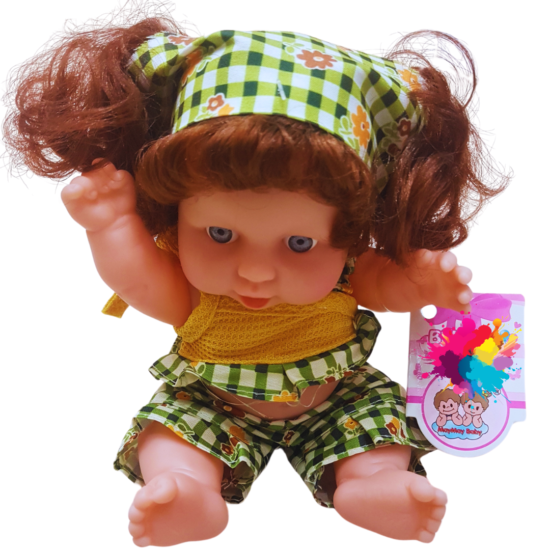 Adorable Baby Doll with Curly Hair and Green Gingham Outfit - Soft and Cuddly Toy for Kids (Ages 3+)