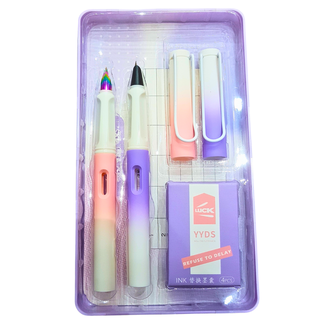 Gradient Fountain Pen Set – 2-Piece Pink & Purple Writing Kit with Extra Ink Refills – Stylish Calligraphy Pens for Students & Professionals