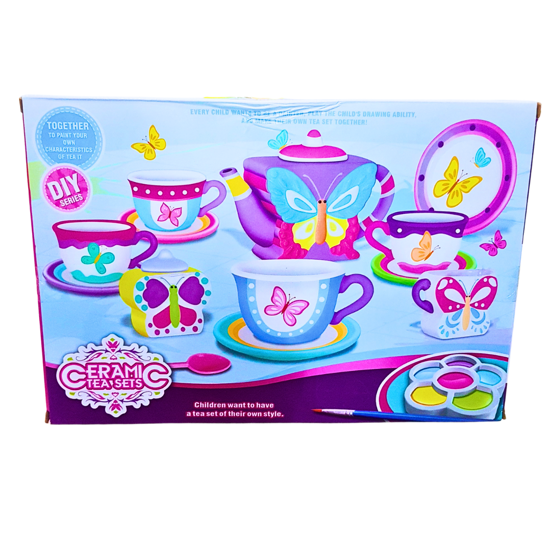 DIY Ceramic Butterfly Tea Set for Kids - 18-Piece Painting and Craft Kit (3+)