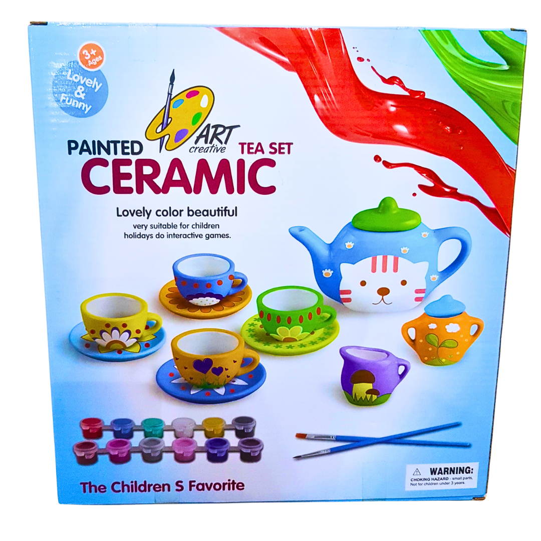 DIY Ceramic Cat Tea Set for Kids - 17-Piece Painting and Craft Kit (3+)