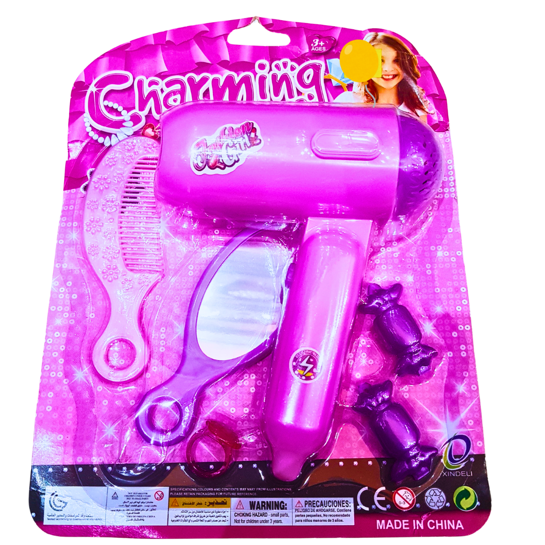 Charming Pretend Hair Styling Set - Complete Hair Dryer, Comb, Mirror & Hair Clips Kit for Girls