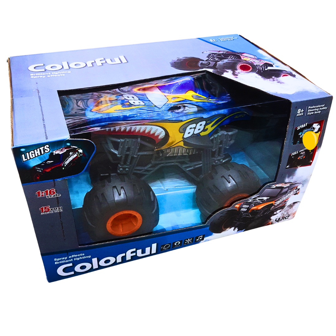 Colorful RC Monster Truck with Spray Effects & Lights – 1:16 Scale, 15 KM/H Speed, Full Function Remote Control (Ages 8+)