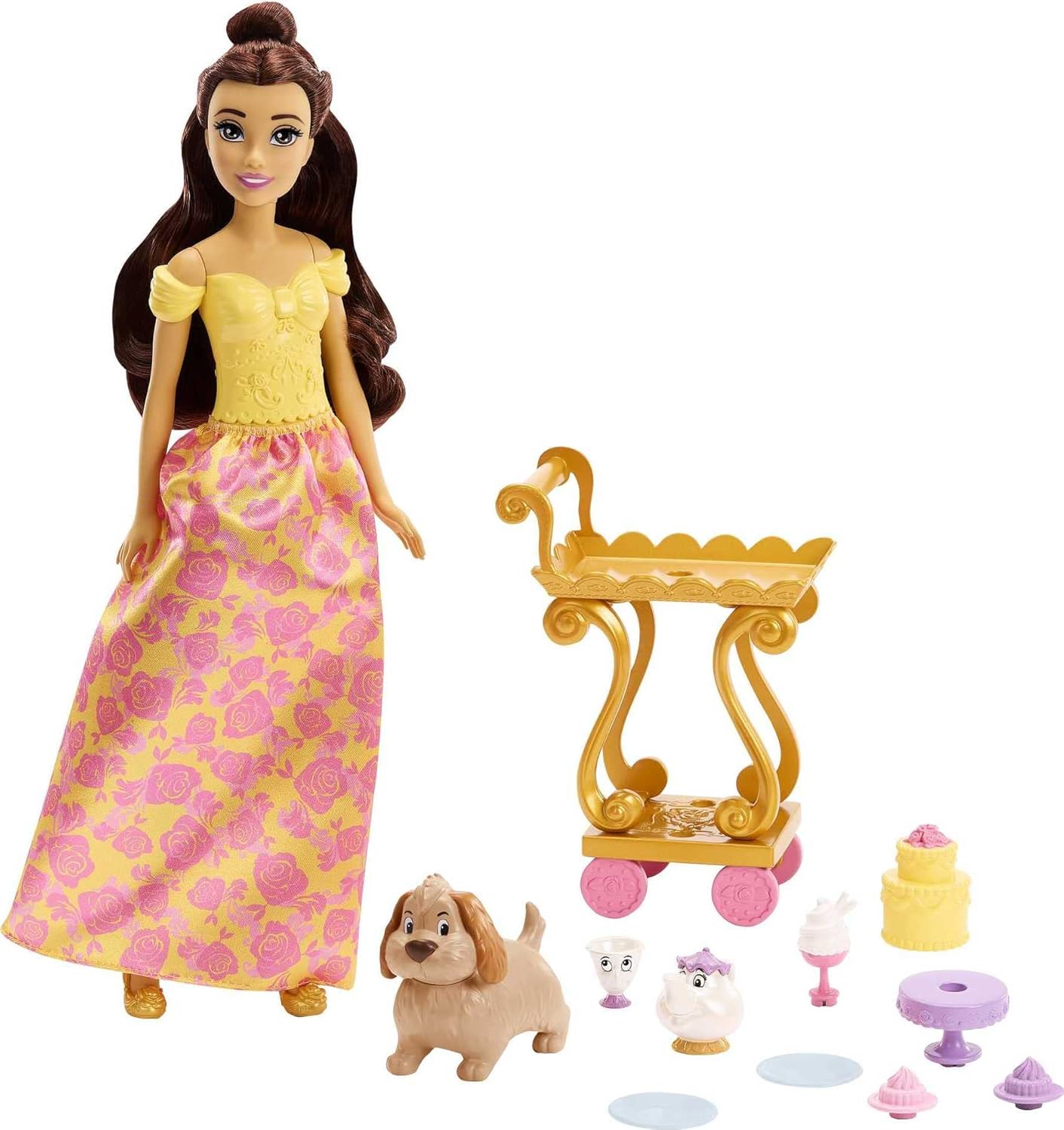 Disney Princess Toys, Belle Doll with Shiny Clothing, Tea Cart, Friends and Food Pieces, Tea Time Cart Playset