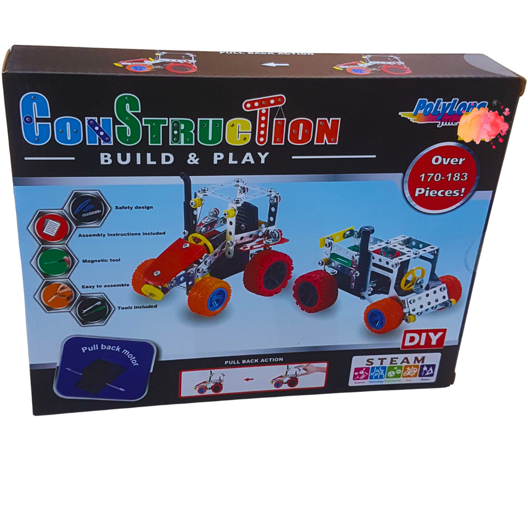 DIY Construction Build & Play Set – 170+ Pieces with Pull Back Motor | STEM Learning Toy for Kids