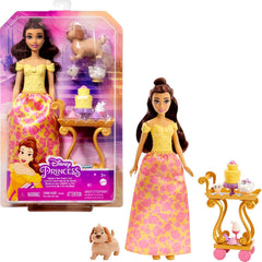 Disney Princess Toys, Belle Doll with Shiny Clothing, Tea Cart, Friends and Food Pieces, Tea Time Cart Playset