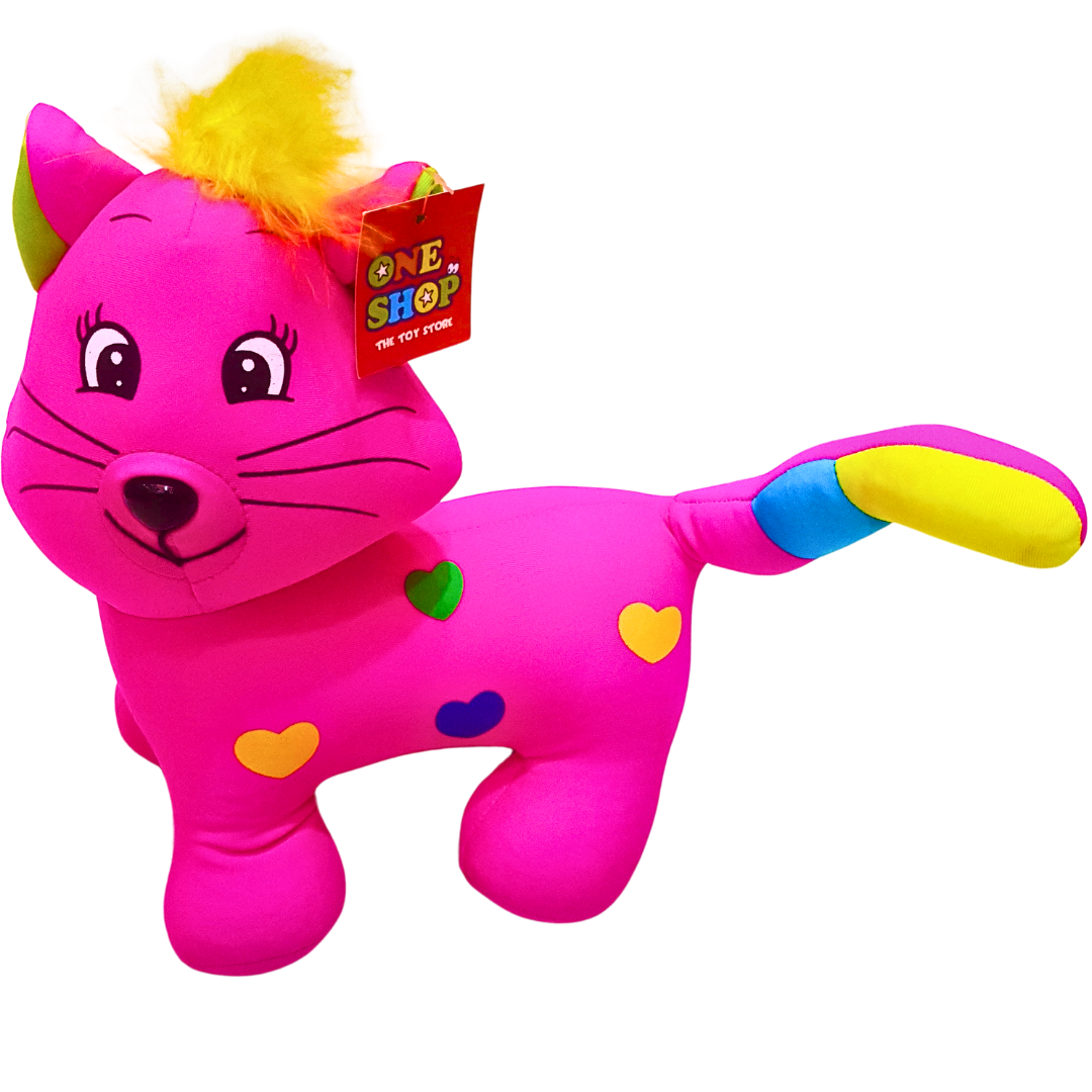 Bright Pink Cat Plush Toy with Colorful Hearts – Soft and Fun Stuffed Animal for Kids