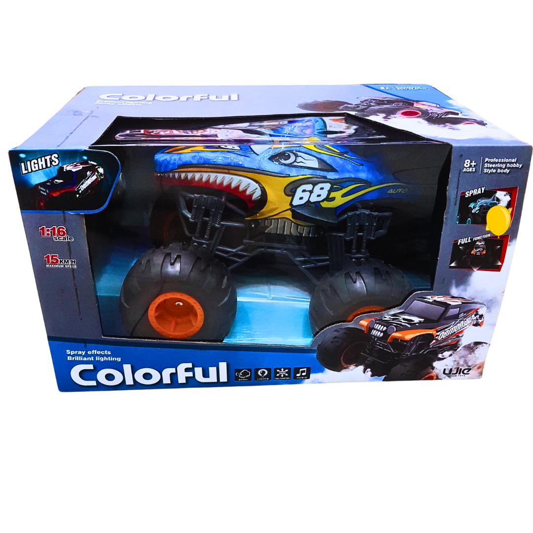 Colorful RC Monster Truck with Spray Effects & Lights – 1:16 Scale, 15 KM/H Speed, Full Function Remote Control (Ages 8+)