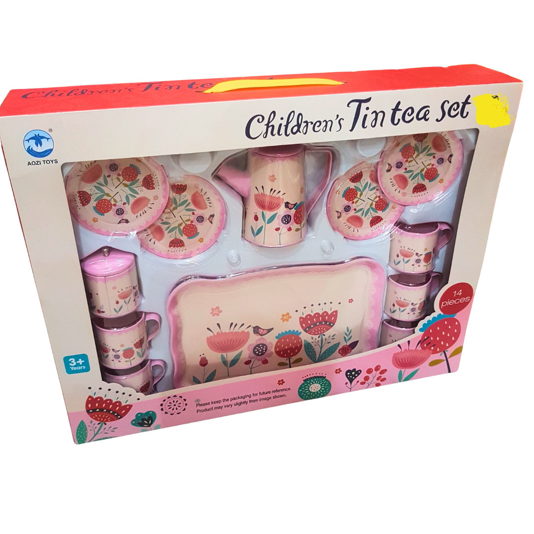 Children's Tin Tea Set – Adorable Floral 14-Piece Playset for Kids