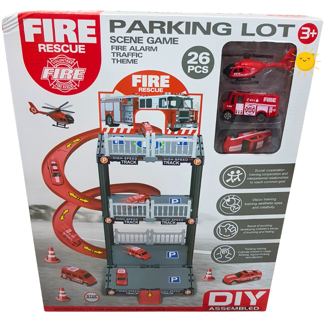 Fire Rescue Themed Parking Lot Playset - 26-Piece DIY Assembled Adventure for Ages 3+