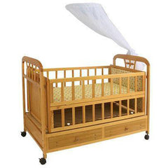 Classic Wooden Baby Cot with Wheels and Mosquito Net - Natural Finish