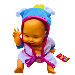 Smiling Baby Doll in Hooded Bathrobe – Soft Vinyl & Adorable Animal-Themed Outfit