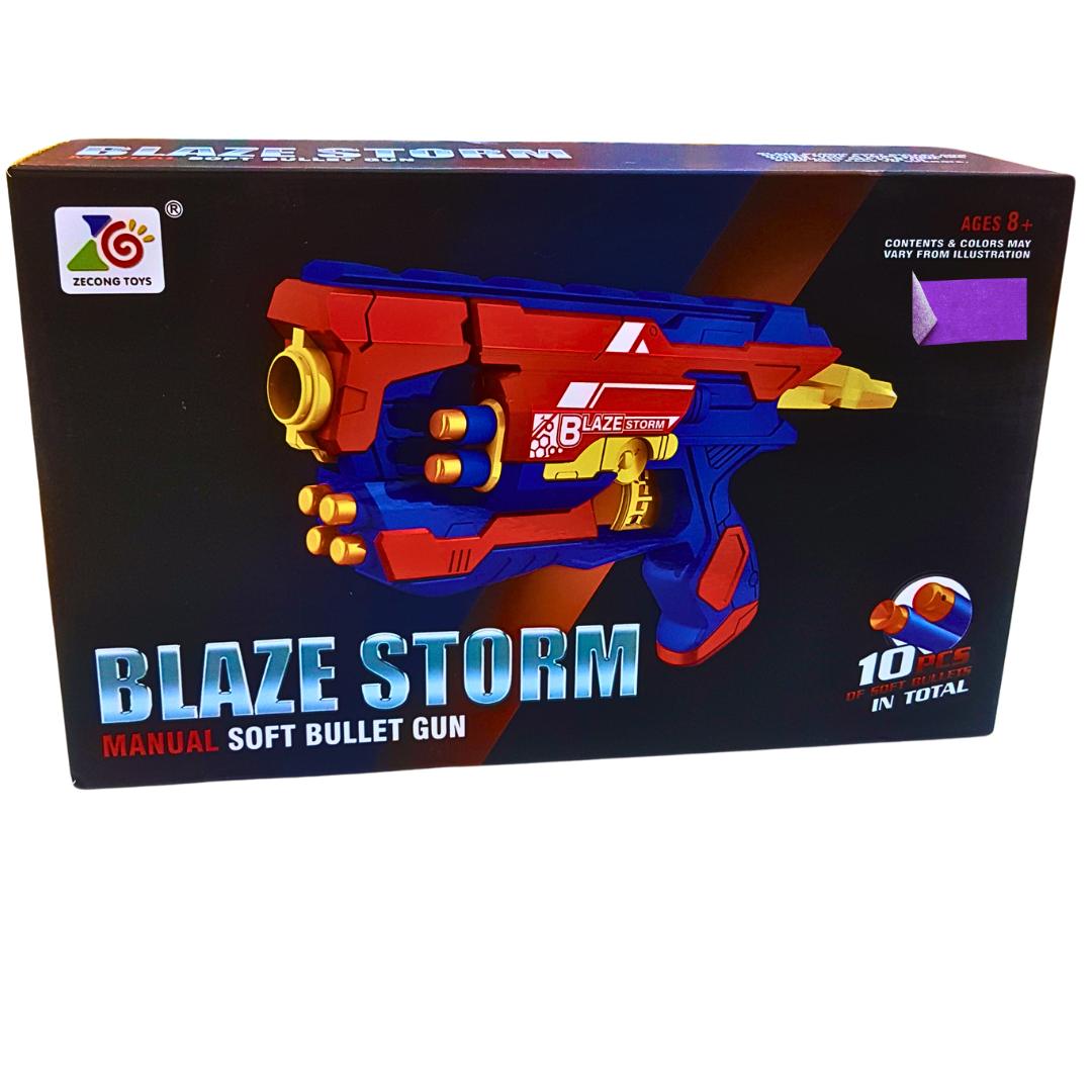 Blaze Storm Manual Soft Bullet Gun – 10 Soft Bullets Included, Vibrant Red & Blue Design, Safe Toy Gun for Kids 8+