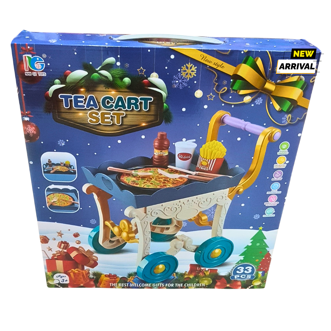 Tea Cart Play Set – 33-Piece Kids Food Serving Trolley | Pretend Play Tea Party | New Arrival