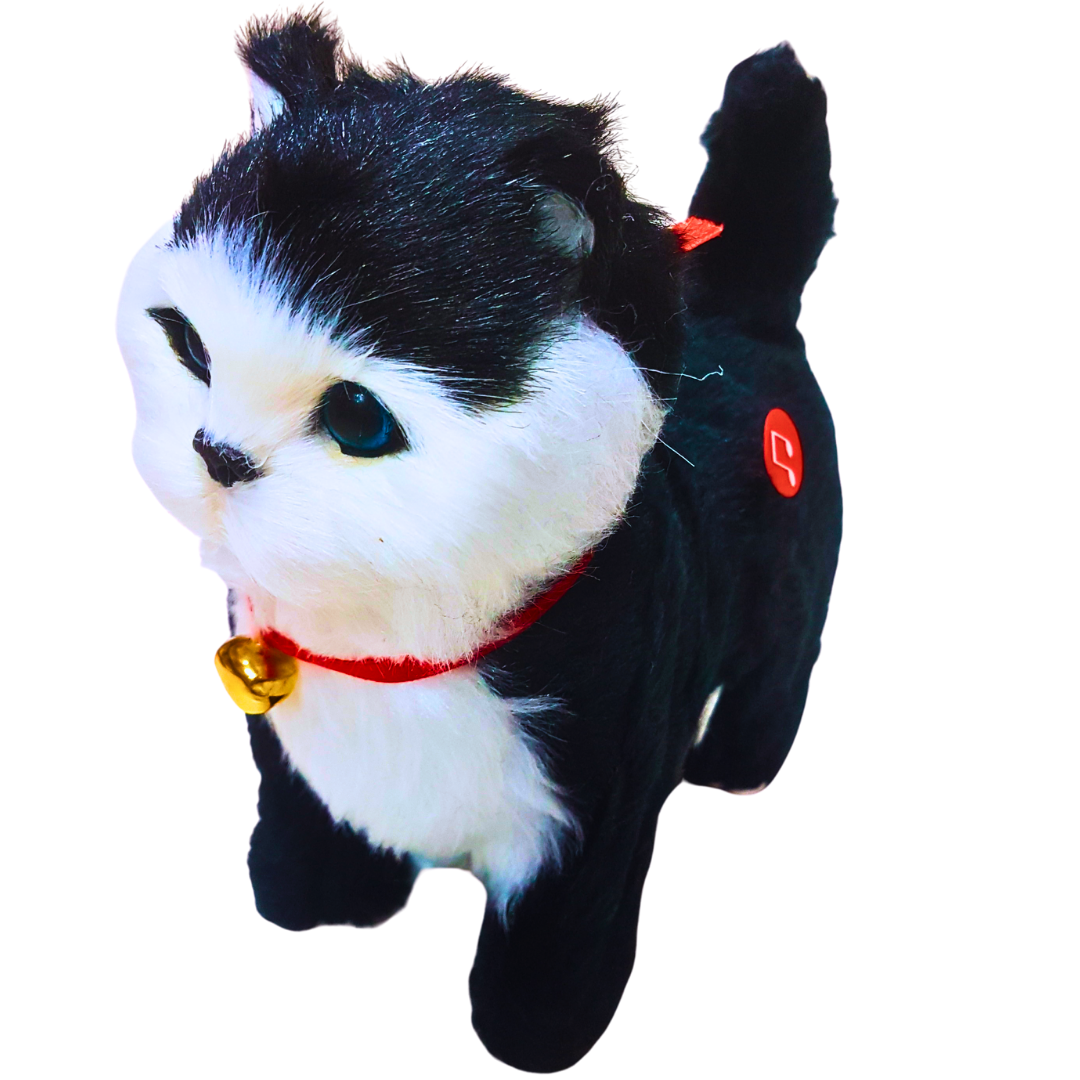 Interactive Black & White Walking Kitty Toy with Bell & Sound – Soft Plush Pet for Kids | Battery Operated