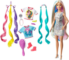 Barbie Fantasy Hair Doll, Blonde, with 2 Decorated Crowns, 2 Tops & Accessories for Mermaid and Unicorn